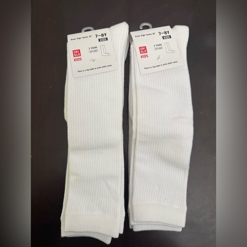 Uniqlo Kids Unisex Knee High Socks Anti-odor NWT 4 Pairs White Size 7-8 Years